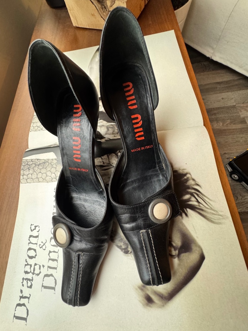 Vintage Miu Miu Black Leather Square Toe Kitten Heels Size 36